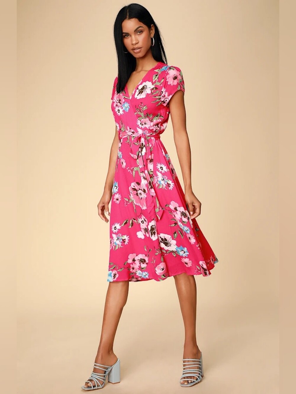 NWOT Lulus Real Life Daydream Hot Pink Floral Print Midi Wrap Dress - Picture 1 of 8